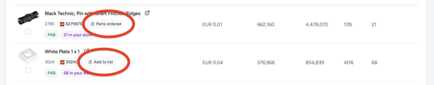 A part already in the Parts ordered list, and another showing the Add to list button