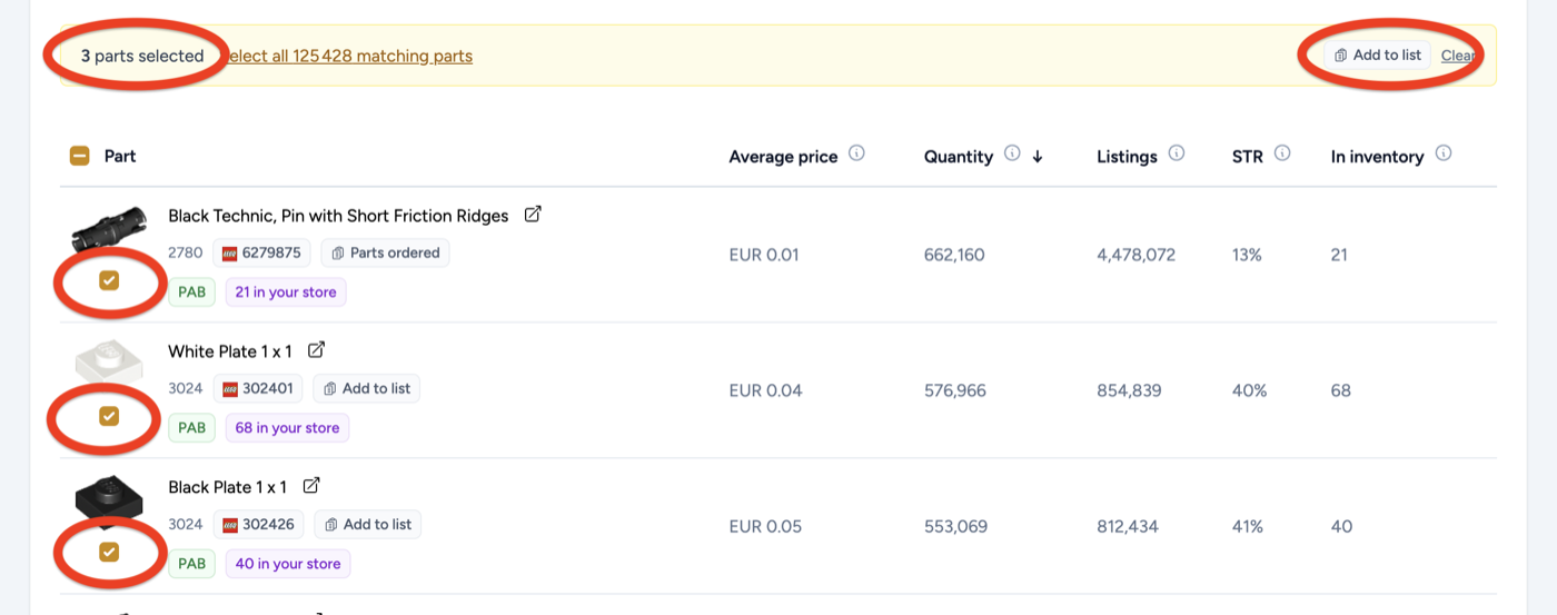 Three parts selected with their checkboxes and the Add to list button in the selection bar