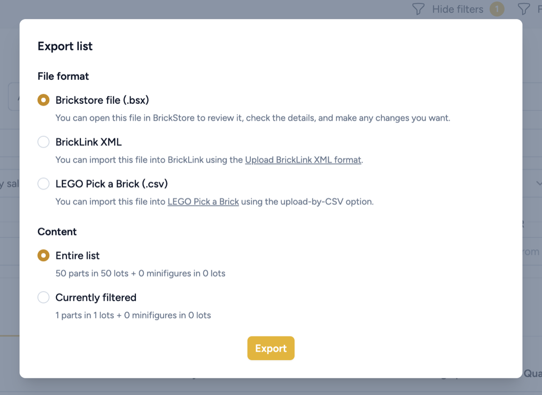 The export dialog with the three file formats and the entire list or currently filtered choice