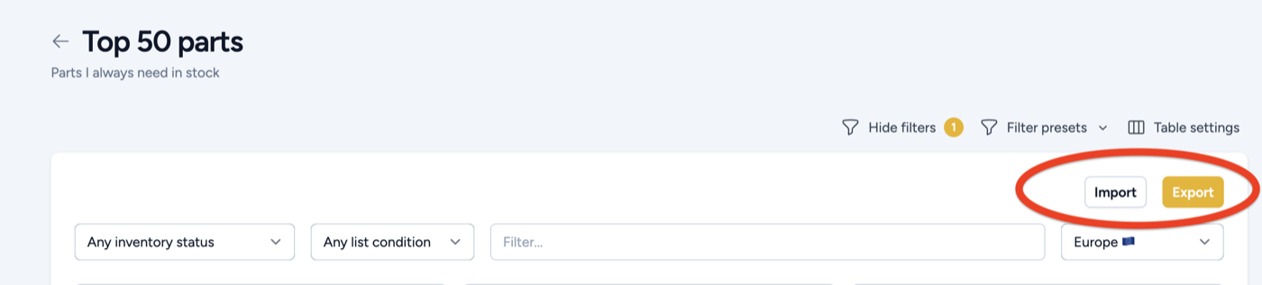 The Import and Export buttons at the top of a list