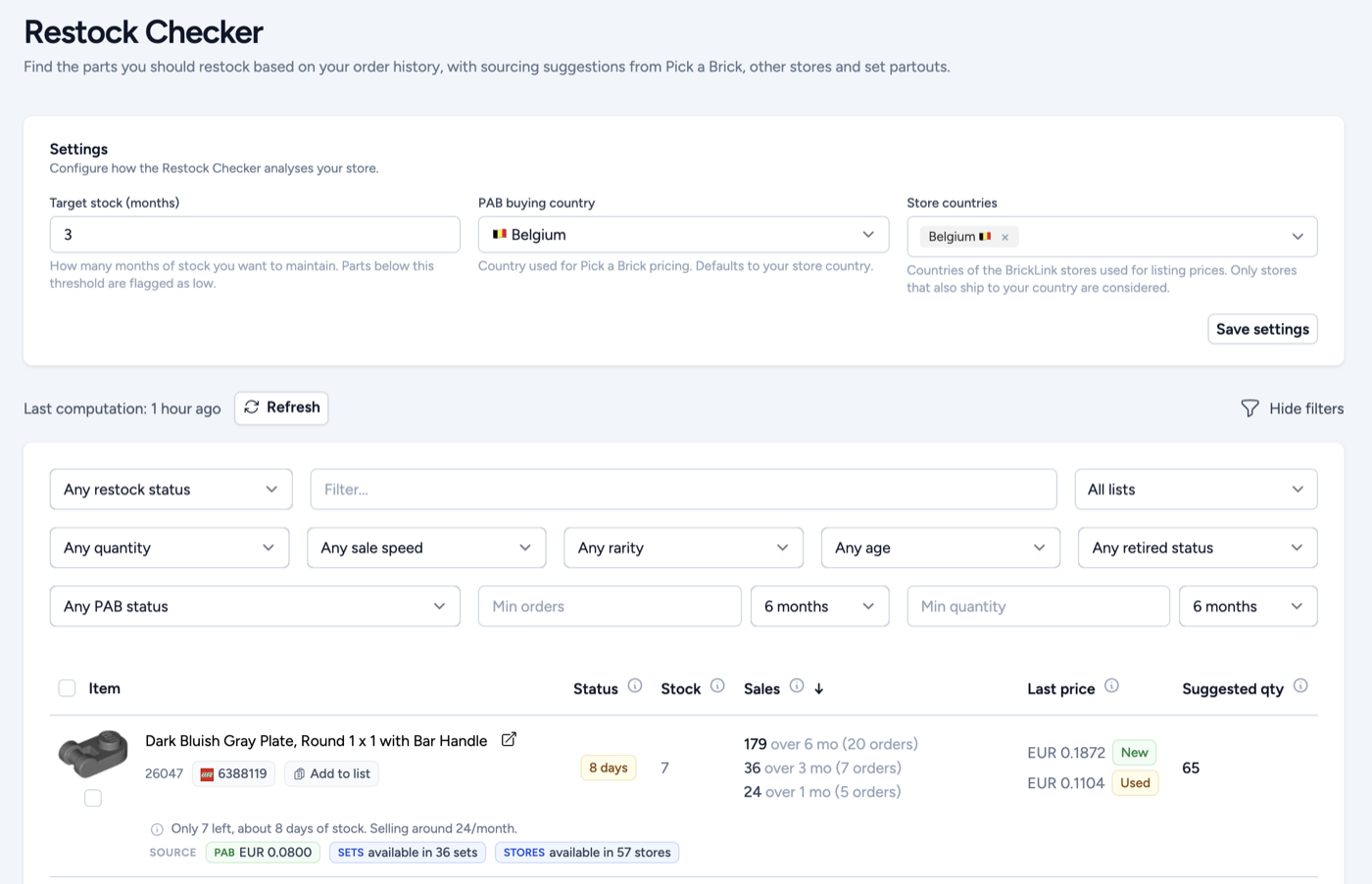 The Restock checker with its settings, filters and a flagged part showing stock, sales, last price and suggested quantity