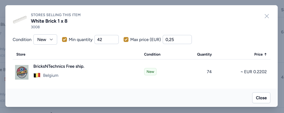 The stores modal with condition, minimum quantity and maximum price filters, showing one matching store