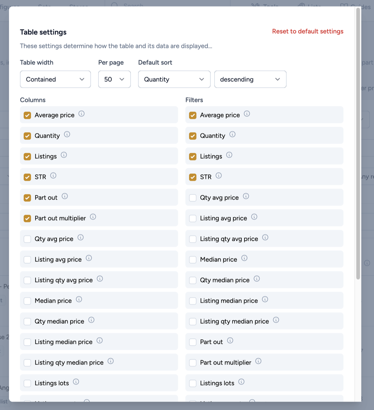 The Table settings panel with table width, pagination, default sort, columns and filters